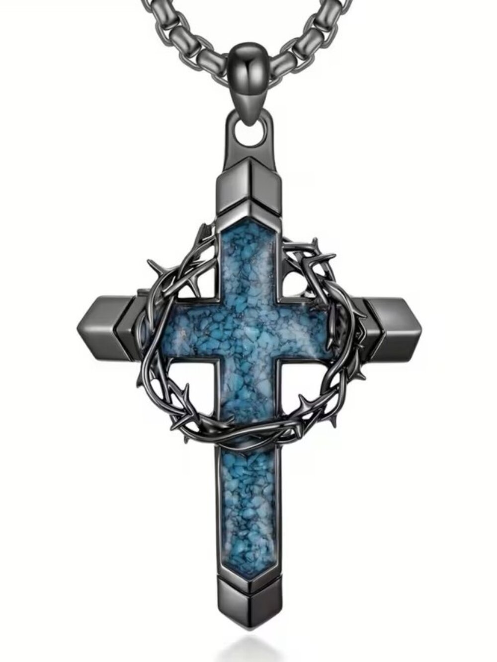 Blue Black Cross Necklace Crown of Thorns Pendant Christian Faith Jewelry Gift